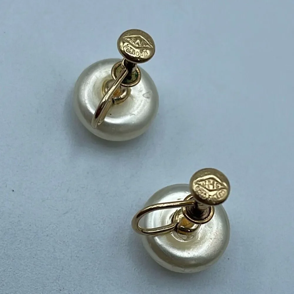 Vintage JMS faux pearl gold plated classic button earrings.